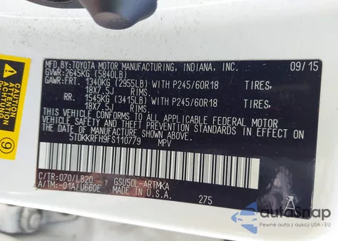 2015 Toyota Highlander Xle V6 z USA, uszkodzony, nr VIN 5TDKKRFH9FS110779